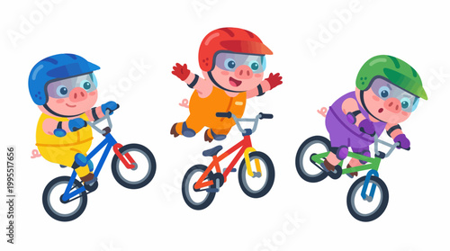 Three adorable cartoon pigs riding bicycles wearing colorful helmets and sportswear, actively engaged in a fun outdoor activity