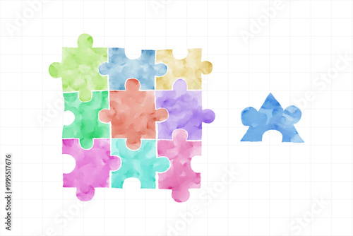 Puzzle square and triangle representing People with ADHD trying to fit in Society with colorful watercolor style vector illustration