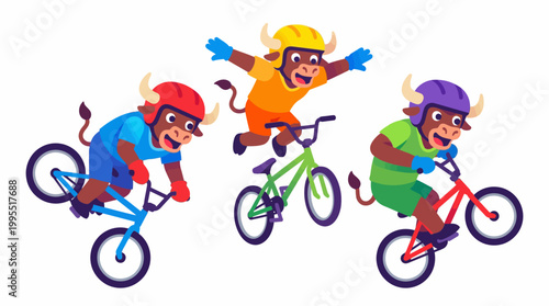 Vibrant cartoon illustration of three cheerful bull characters joyfully riding BMX bikes, embodying an adventurous spirit and playful enthusiasm for active outdoor fun