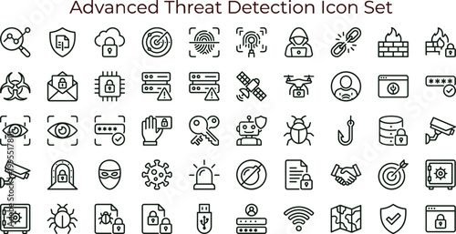 Advanced threat detection outline icon set featuring cybersecurity monitoring malware protection vector collection for dashboards interfaces presentations applications platforms