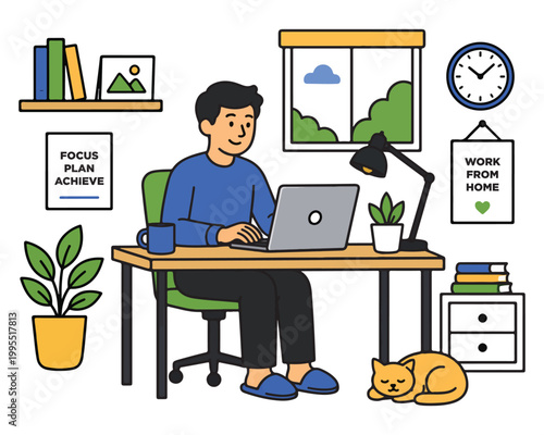 Work From Home Productivity Concept with Remote Worker at Cozy Home Office Flat Vector Illustration