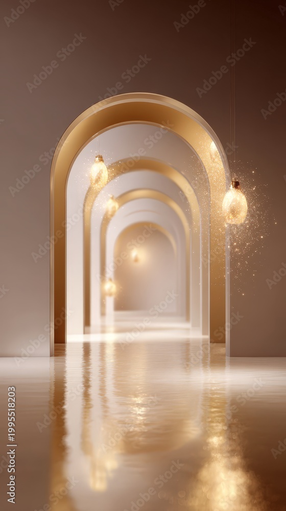 Obraz premium Luxury golden arched corridor with reflective floor and warm light for elegant architectural background and interior design poster