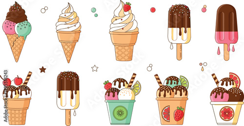 Delicious ice cream and dessert illustration set with cones, popsicles, sundaes and fruity toppings, colorful sweet vector collection for summer treat and cafe design