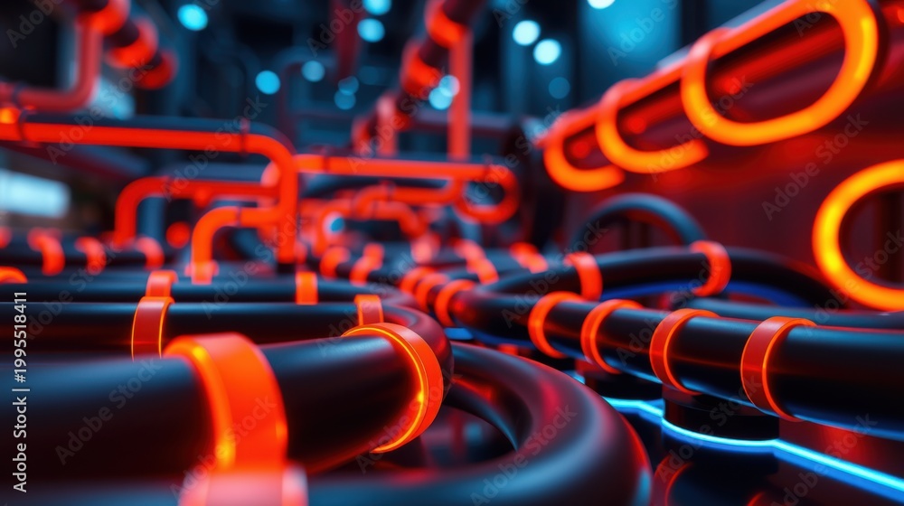 Fototapeta premium Futuristic network, glowing tubes, complex system. Dark background emphasizes vibrant red, blue illumination. Abstract digital art.