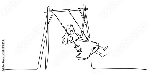 Continuous one line drawing youg woman swinging on swing. Leisure time vector illustration, a young woman enjoying a swing at the playground Vector, illustration, carefree girl riding on a swing pro.