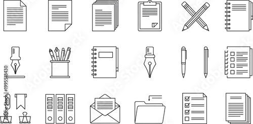 Office and stationery icon set with documents, pens, folders, notebook and envelope, minimal line vector collection for business, organization and workplace design