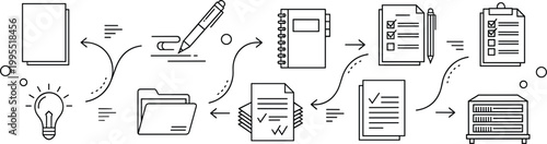 Workflow process illustration with documents, checklist, folder and productivity steps, minimal line vector design for business organization, planning and task management concept