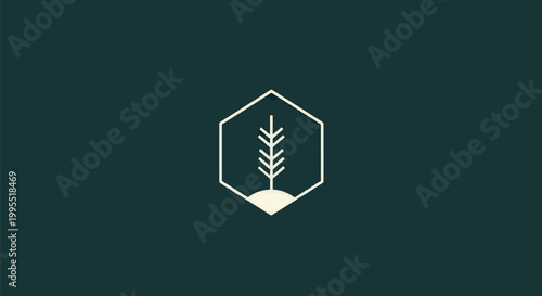 Minimalist Geometric Logo Featuring a Simple Plant Icon on Dark Green Background.