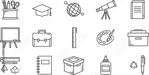 Education and school icon set with classroom supplies, art tools and academic symbols, minimal outline vector collection for learning, study and teaching design