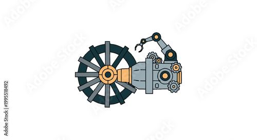 Intricate Mechanical Device with Robotic Arm and Wheel Illustration.
