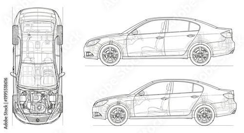 Blueprint illustration of a generic sedan car shown in three views including top, side, and angled perspectives, presented with technical line drawing against a white background