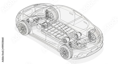 Detailed technical line drawing showcases the internal components of an electric car chassis, including batteries and motor, presented in a blueprint style against a clean white background
