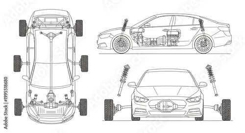 Technical blueprint of a car's suspension system displayed from multiple angles, including front, side, and bottom views, rendered in a clean, minimalist style with precise line work