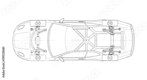 Overhead blueprint view of a car chassis with suspension, wheels, and roll cage components illustrated in a technical schematic style against a stark white background, conveying precision