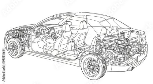 Detailed technical line drawing of a car's internal structure, showcasing the engine, chassis, and interior components with precise linework on a clean white background, emphasizing