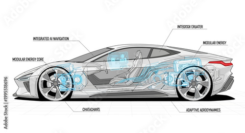 Side view of a modern car design with labeled internal components and technical specifications, rendered in a blueprint style against a clean white background, emphasizing its mechanical