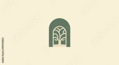 Minimalist Green Archway with Leafy Design on Light Background.