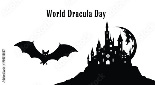 World Dracula Day vector graphic illustration with a castle and a bat