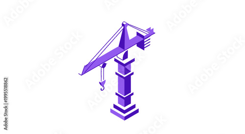 Isometric purple construction crane isolated on white background, lifting heavy loads.