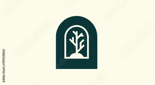Minimalist Green Tree Icon Inside an Archway on Cream Background.