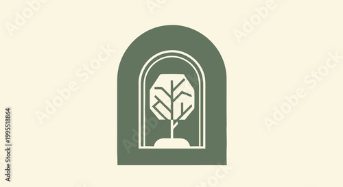 Minimalist Green Tree Illustration Inside an Arched Frame Design.