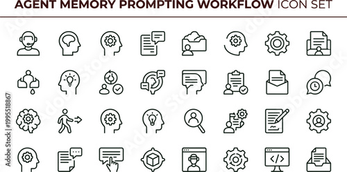 Agent memory prompting workflow outline icon set featuring cognition knowledge processing communication vector collection for dashboards interfaces presentations applications platforms