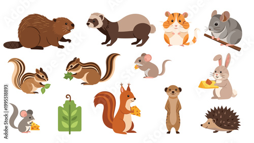 A charming collection of various small rodents and mammals, including a beaver, ferret, hamsters, chinchilla, mice, chipmunks, squirrel, meerkat.