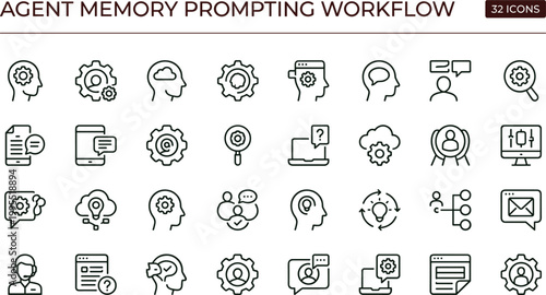 Agent memory prompting workflow outline icon set featuring cognition processing knowledge retention vector collection for dashboards interfaces presentations applications platforms