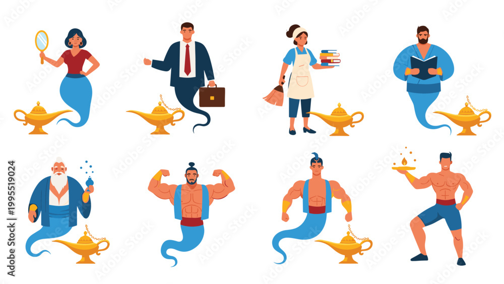 Fototapeta premium A diverse set of eight cartoon genie characters, both male and female, depicted emerging from magic lamps, symbolizing wishes and different professions.