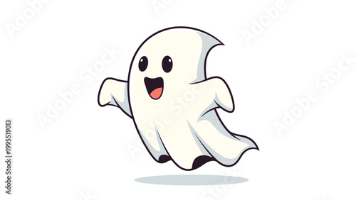 Adorable, friendly cartoon ghost illustration with a happy expression, wide eyes, and an open mouth, floating playfully in the air.