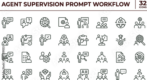 Agent supervision prompt workflow outline icon set featuring team monitoring collaboration evaluation vector collection for dashboards interfaces presentations applications platforms