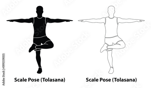 Man Black Silhouette and Outline Set Performing Scale Pose (Tolasana) Variation for Balance, Core Stability, and Yoga Fitness Training Illustration