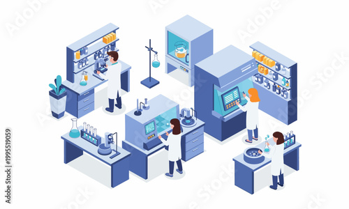 Isometric view of a modern science laboratory with scientists conducting research.