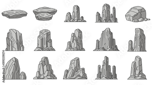 A comprehensive collection of fifteen cartoon-style illustrations featuring diverse rock and stone formations in various shapes and sizes.
