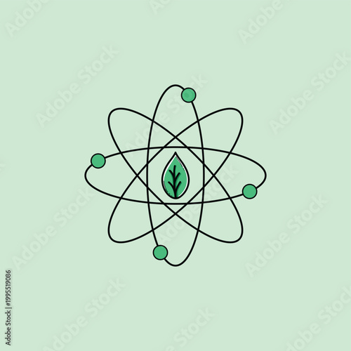 Green Eco Atom Logo With Leaf Nucleus Symbolizing Sustainable Science, Clean Energy, And Environmental Technology