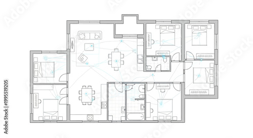Overhead architectural rendering of a modern smart home blueprint reveals a spacious layout including bedrooms, bathrooms, and dining areas, all depicted in a precise technical drawing