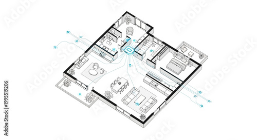 Overhead shot of a detailed smart home blueprint displaying the layout of a modern apartment with furniture and appliances, rendered in black and white with blue accents, set