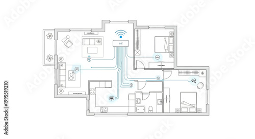 Overhead shot of a detailed smart home blueprint, displaying the layout and connectivity of various devices within the house, rendered in a clean, minimalist style with a focus on network
