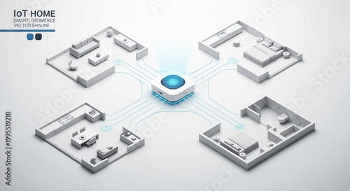 Isometric illustration depicting a detailed smart home blueprint with various rooms connected to a central hub against a clean white background, rendered in a minimalist style with a cool