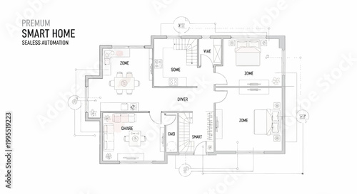 Overhead detailed architectural smart home blueprint featuring room layouts and measurements in a technical drawing style, rendered in monochrome against a clean white background