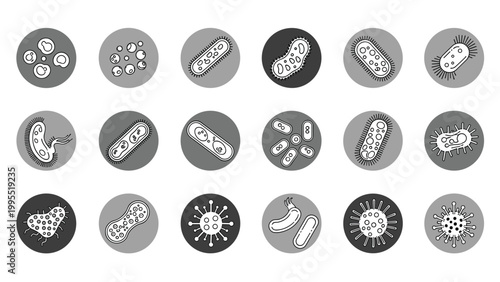 A comprehensive collection of fifteen round icons depicting various bacteria and viruses in different artistic styles, against grey backgrounds.