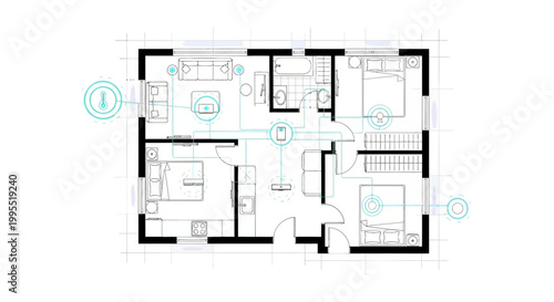 Overhead shot of a detailed smart home blueprint showing room layouts and device connectivity with fine blue lines and black walls against a clean white background, conveying technical