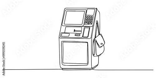 One line drawing of a self checkout payment terminal symbolizing retail automation and modern transaction technology, Contactless payment technology. suitable for financial services and smart shopping