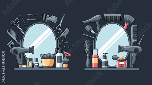 Two detailed illustrations of salon mirrors framed by an assortment of hairdressing and beauty tools, including scissors, combs, and hair dryers.