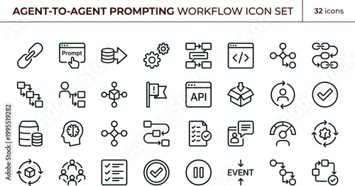Agent to agent prompting workflow outline icon set featuring API integration automation communication vector collection for dashboards interfaces presentations applications platforms