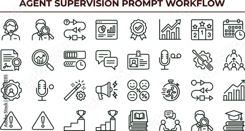 Agent supervision prompt workflow outline icon set featuring monitoring evaluation management analytics vector collection for dashboards interfaces presentations applications platforms