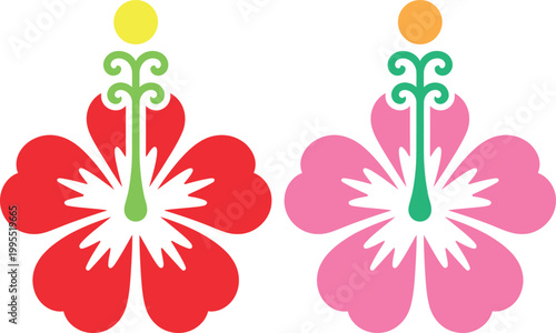 Colorful hibiscus flowers with yellow tops and green stems illustration