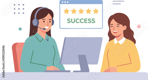 Two women are sitting at a desk with a computer showing a success message