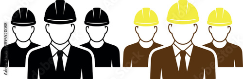 Group of construction and business workers wearing safety helmets standing together