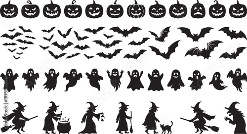 Halloween icons, black silhouettes, spooky symbols, 40 Halloween elements, vector graphics